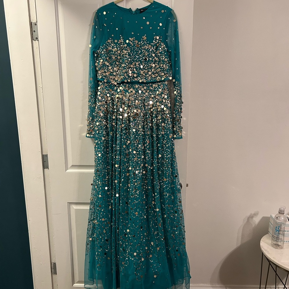 ASOS Design Anarkali Maxi Dress in scatter sequin in turquoise